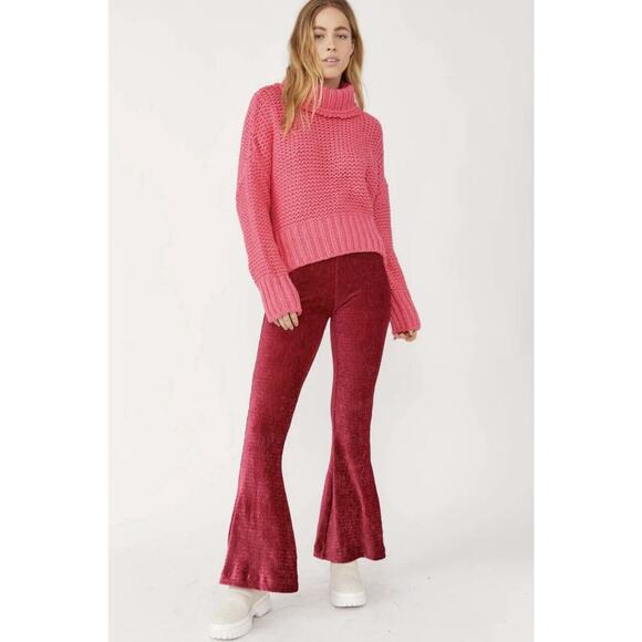 NWT Free People So Charming Velvet Flare Pull-On Pants Size S Burgundy Red $98 - Picture 1 of 12